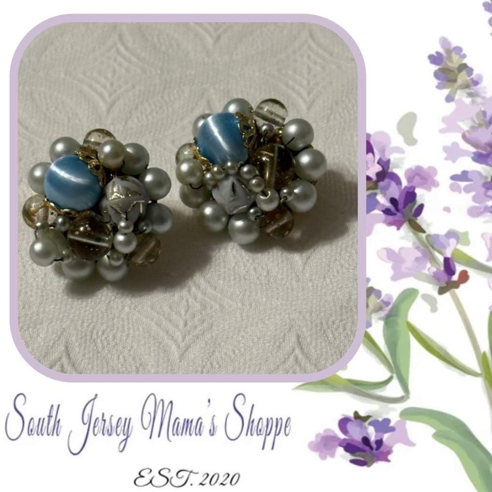 Vintage Japan Handmade Shades of Blue And Gold Tone Clip Earrings